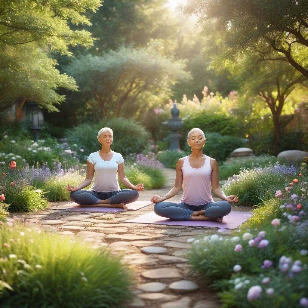 A serene landscape featuring a diverse group of cancer survivors practicing yoga in a sunlit garden, surrounded by blooming flowers and lush greenery. Incorporate elements of mindfulness, such as meditation stones and soft lanterns, symbolizing hope and healing. Include a gentle stream flowing nearby to evoke tranquility. The scene should radiate warmth and positivity, with soft pastel colors enhancing the atmosphere. super-realistic. vibrant colors. peaceful ambiance.