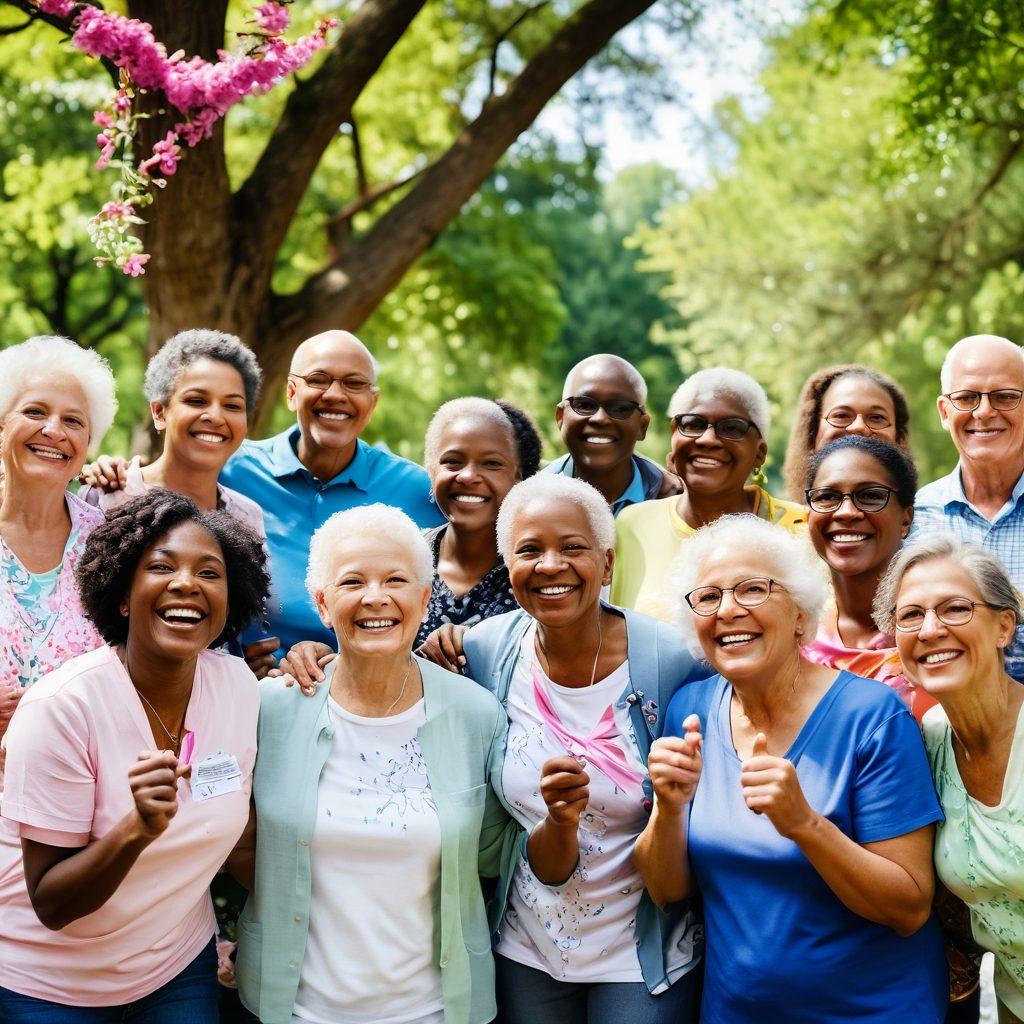 A heartwarming gathering of diverse cancer survivors, sharing stories and embracing each other in a lush park, surrounded by blooming flowers and sunlight filtering through the trees. Include symbols of hope like ribbons and a backdrop of supportive community banners. Capture the emotions of joy and camaraderie. vibrant colors. soft focus. painting.